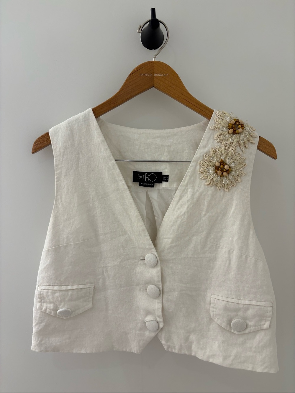 PatBO Cream Linen Crop Vest with Beaded Floral Appliqués